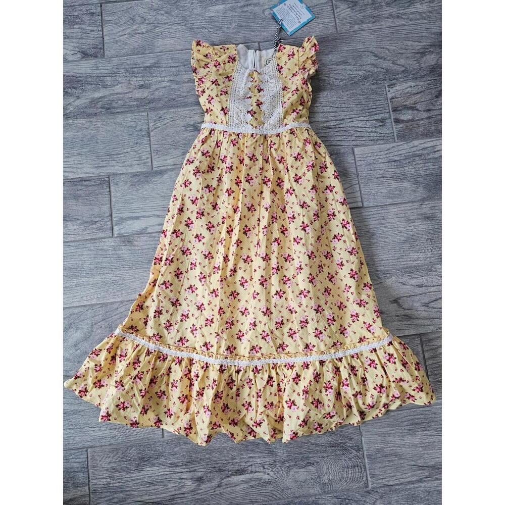 BNWT New Girls Olive Mae Dress Long Floral Lace Sz 6 Yellow Lined Short Sleeves